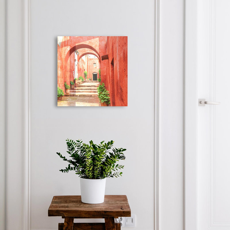 Key box for wall, Opens to the right, 30x30x5, Black, Red architecture with plants and stairs, 