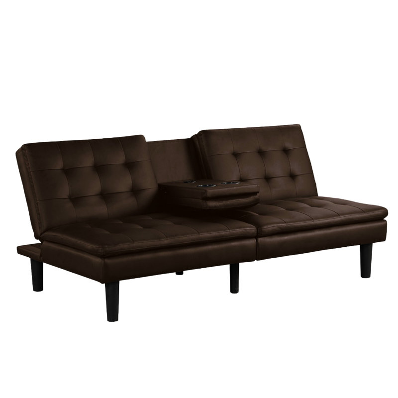 Brown Futon In Contemporary Style, Biscuit - Seat And Back, Converts To Bed With Ports Drop Down Table , Bed, Chargers For User Convenience