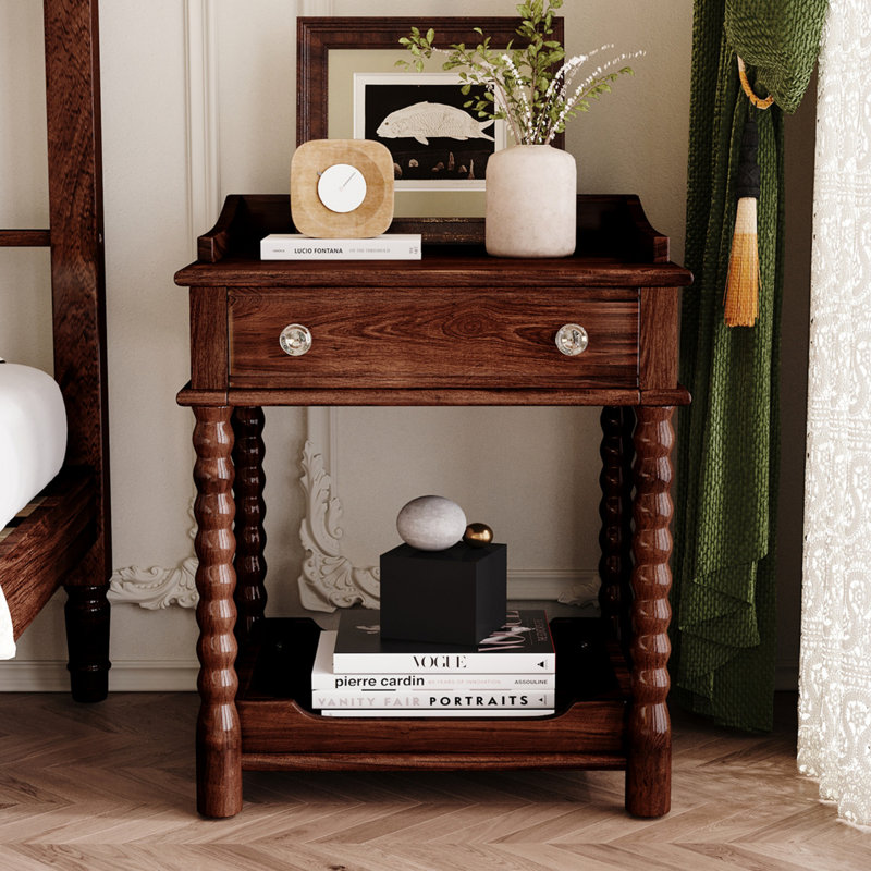 Table de chevet de style rétro avec tiroir et tablette ouverte pour chambre à coucher, table de chevet avec pieds tournés et poignée en métal