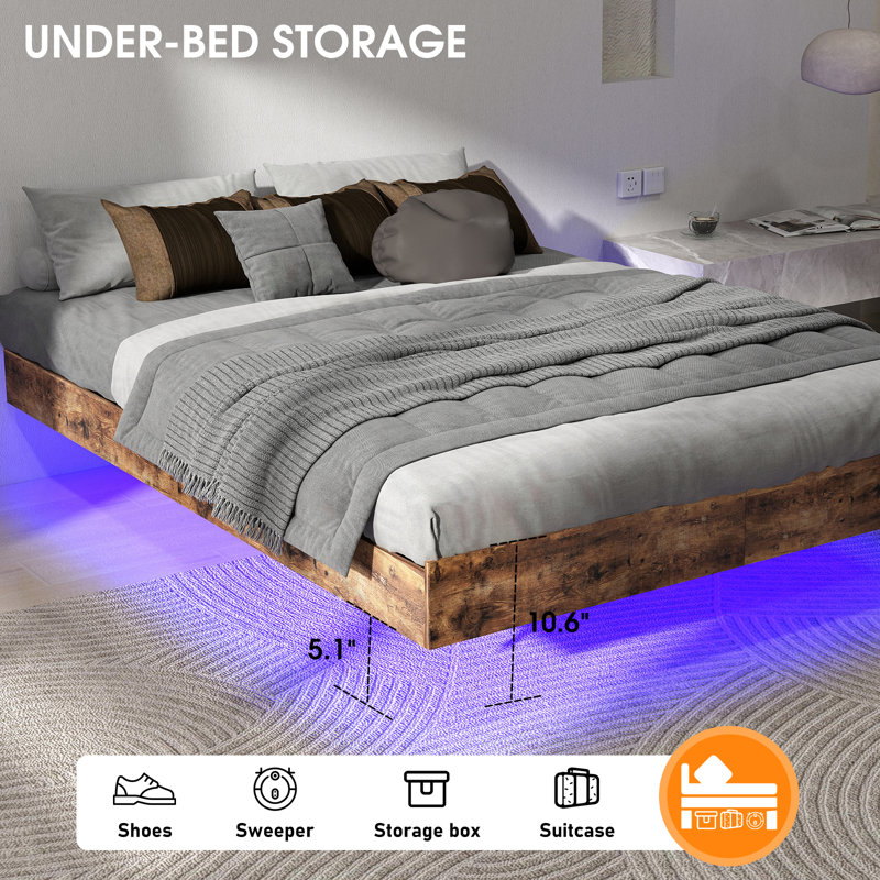 Cowen Floating Bed With Led Lights Heavy Duty Metal Slats Support No Box Spring Needed Large Under Bed Storage Brown Wood