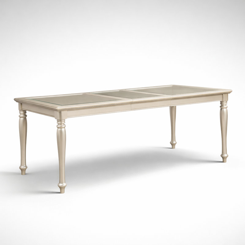 Adrianna Glam Champagne Silver 60"–78" Extendable Dining Table with Glass Insert Top, Seats 6