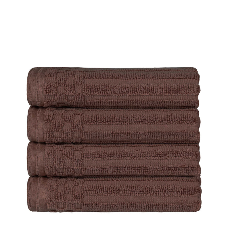 Kleiman Cotton Highly Absorbent Solid and Checkered Border Hand Towel Set, Brown