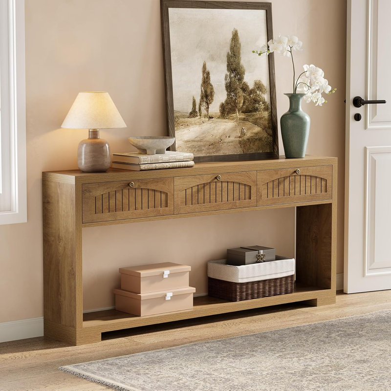 70.8-Inch Long Console Table With 3 Drawers, Farmhouse Narrow Entryway Table For Hallway, Entry, Behind Couch, Sofa, Entrance, Living Room, Foyer With 2-Tier Shelves, Light Brown