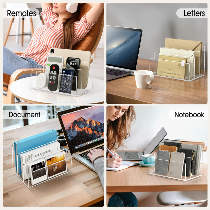 Transparent Desktop Organizer With Dividers, 3 Partition File Organizer File Sorter, Clear