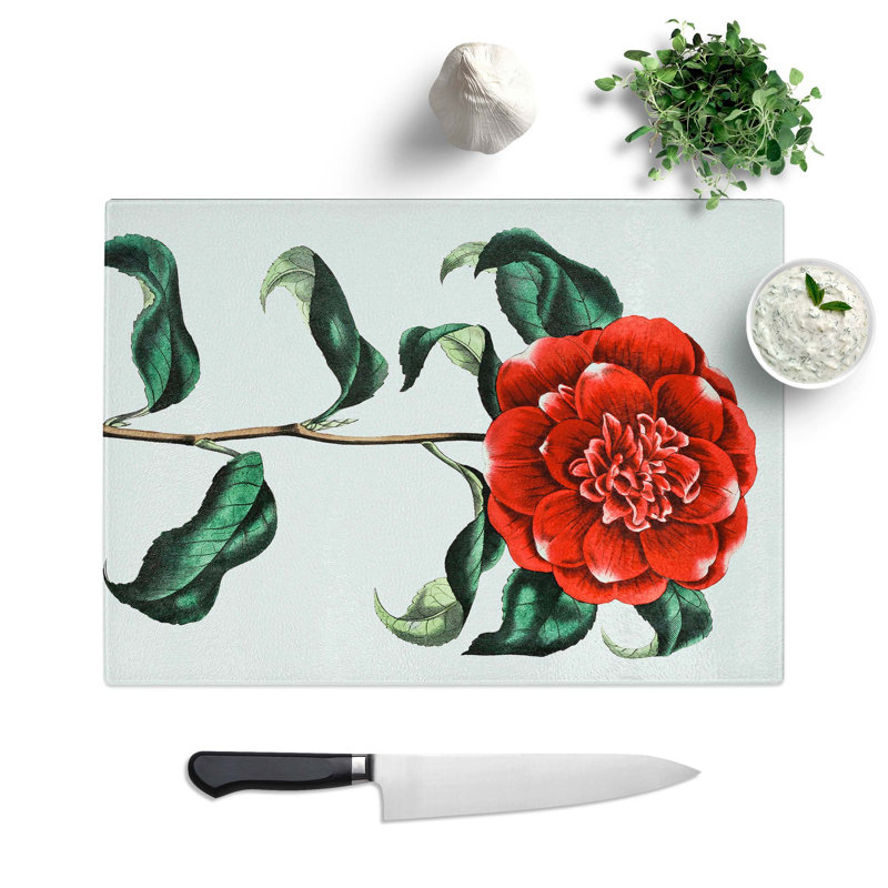 Tempered Glass Crimson Camellia Flower Chopping Board, 39 cm W x 28.5 cm L