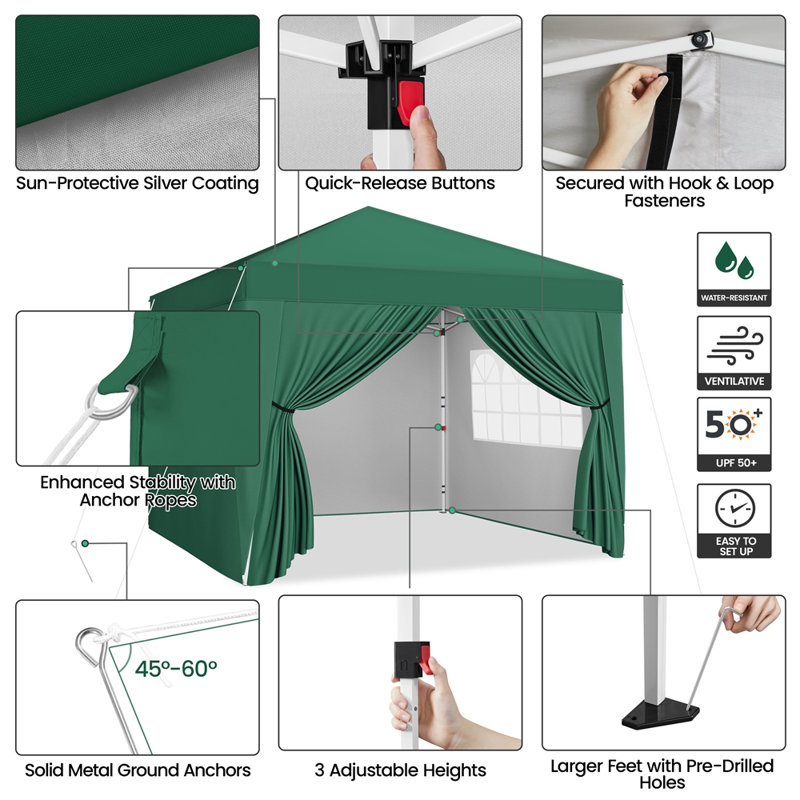 Iron Pop-Up Gazebo, 287cm H x 300cm W x 300cm D, Dark Green