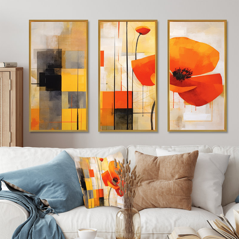 «Bold Orange Cubic Flowers I», ensemble d'art mural géométrique, Cadre flottant doré, H 40 po x l 60 po x P 1 po