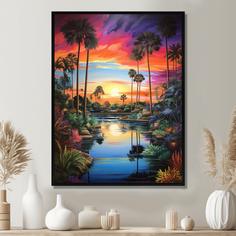 Coucher de soleil sur une oasis tropicale avec palmiers - art mural de rivière, salon, Toile avec cadre flottant noir