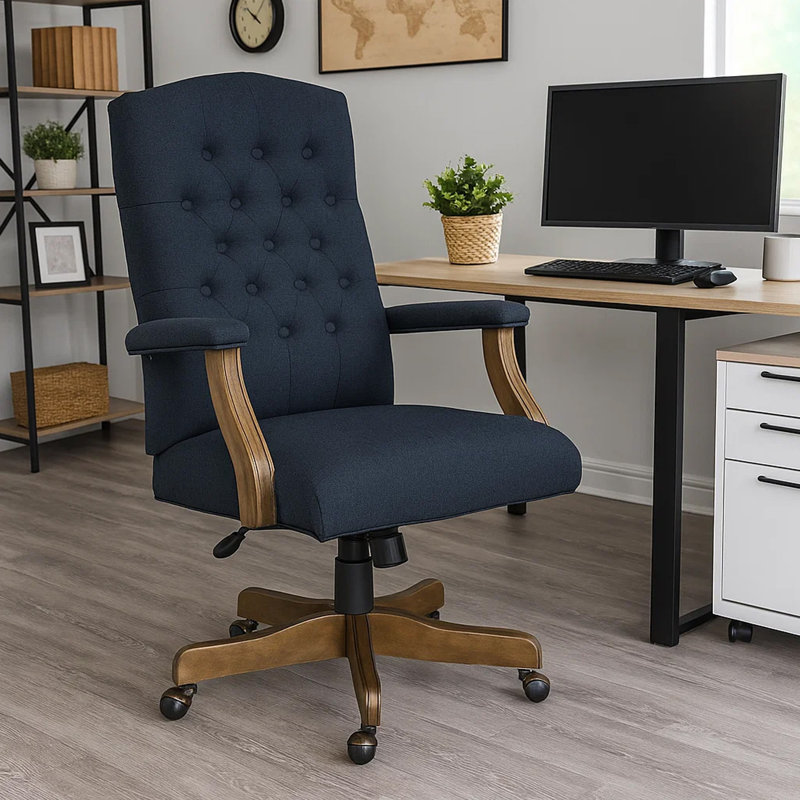 Fauteuil de direction Jake avec finition bois flottant, lin capitonné bleu marine, Lin de qualité commerciale bleu marine