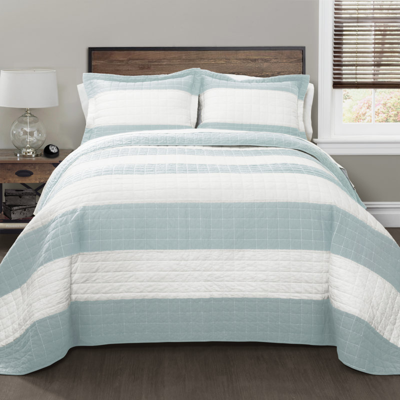 Stripe Cotton 320 TC Quilt Set, King Quilt + 2 Shams, Navy/White