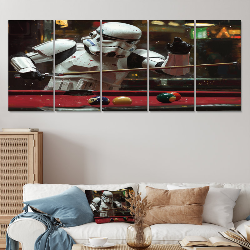 White Stormtrooper jouant au billard I - ensemble d'art mural en toile de billard, H 32 po x l 80 po
