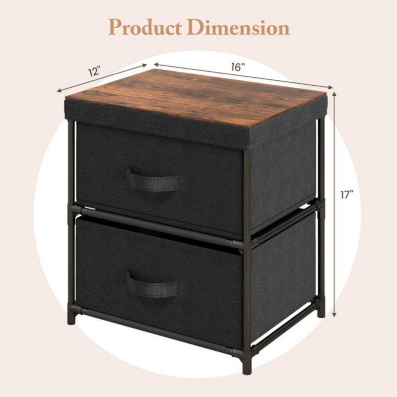 2-Drawer Nightstand with Removable Fabric Bins and Pull Handles Set of 2