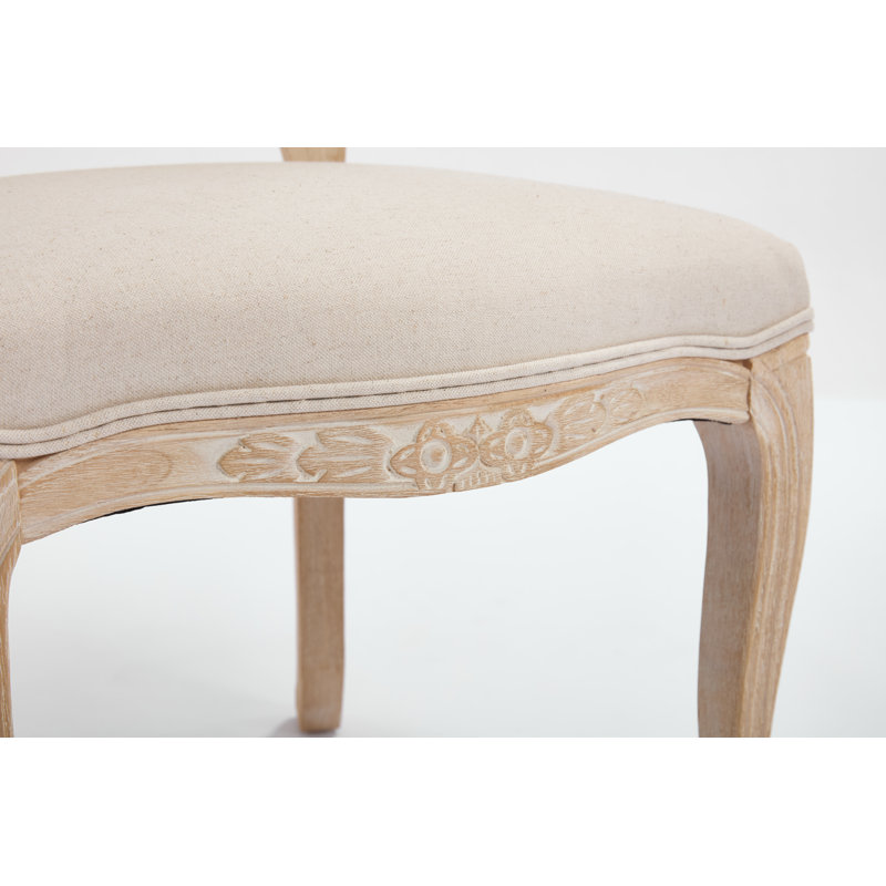French Country Dining Chairs Set Of 2 With Natural Rattan Fan Back, Upholstered Cotton Linen Seats, Carved Solid Rubberwood Frame, Disassemblable, Beige