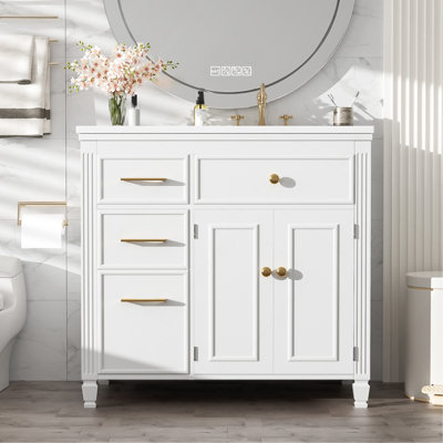 Meuble-lavabo 36 po avec lavabo, lavabo en céramique, tiroir coulissant, 3 tiroirs latéraux, tablette réglable, blanc