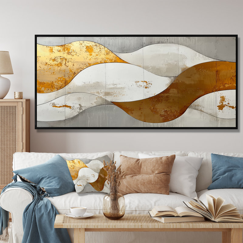 Ognen, bosquet abstrait d'introspection en or et blanc III - art abstrait de vagues modernes, Noir, H 28 po x l 60 po