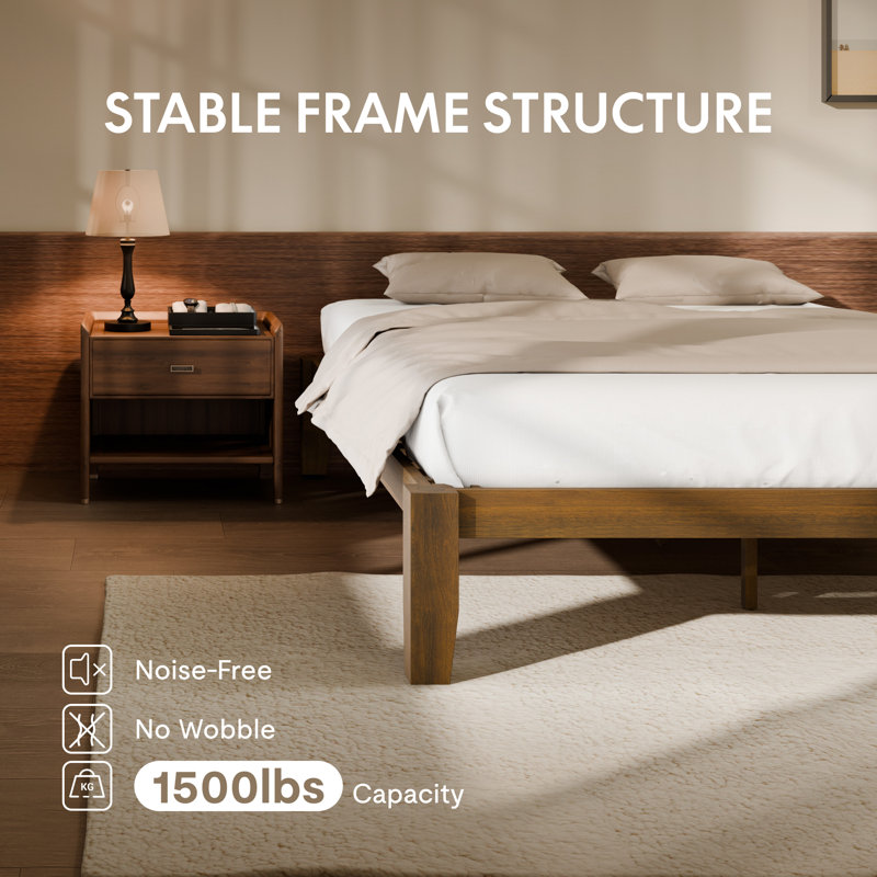 Japanese Joinery Craft Solid Wood Bed Frame, Tool-Free-Assembly, Queen, Walnut
