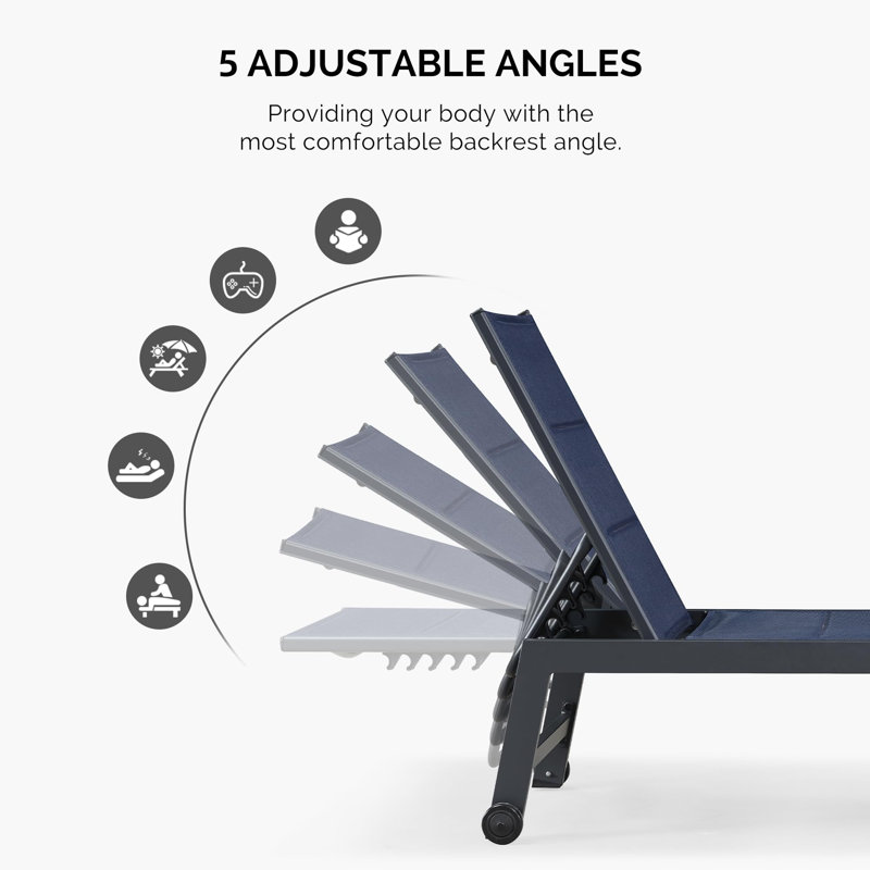 Outdoor Metal Chaise Lounge with Table, Navy Blue