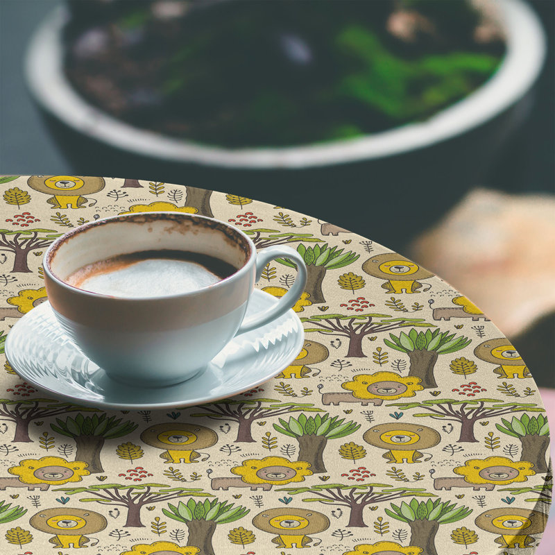 East Urban Home Cartoon Fitted Round Tablecloth Mustard Taupe and Beige, 67.72" Round