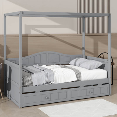 Twin-Sized Bed With Canopy And Dual Drawers, Wooden Platform Bed With Headboard