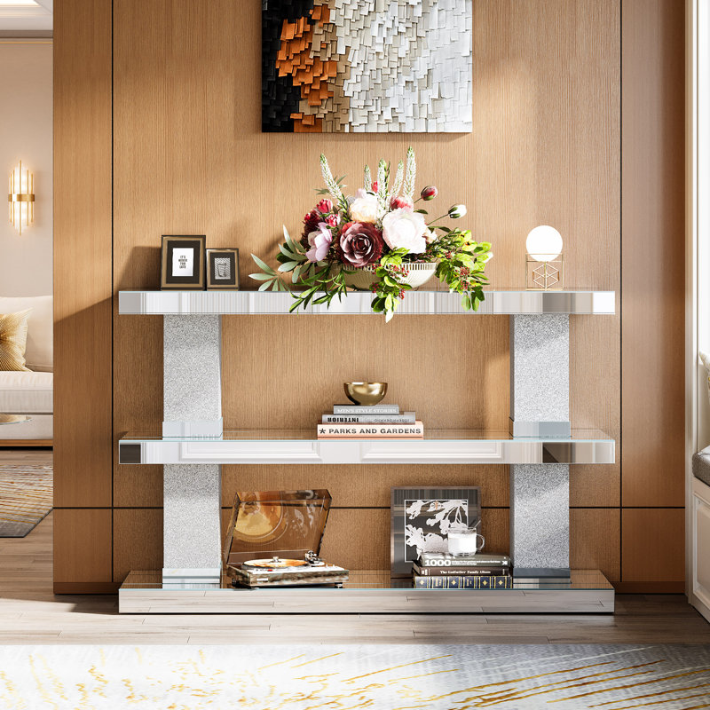 46" Mirrored Console Table 3-Tier Storage Shelf, Silver