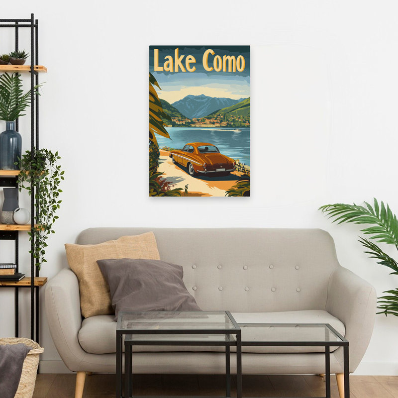 «Nostalgic Lake Como - Transitional Contemporary Illustration Vintage Travel», affiche d'art, H 24 po x l 16 po