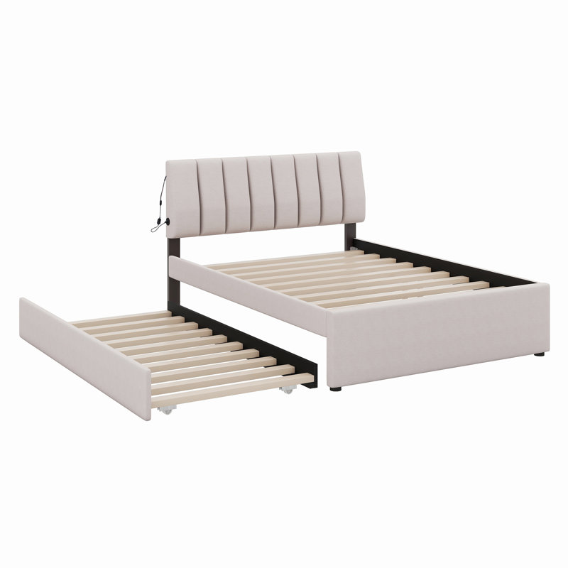 Grand lit plateforme tapissier en molleton avec gigogne, Double, Beige