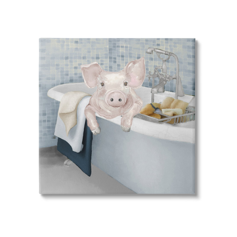 «Pig Bathing Bathroom Tub Animal» par Elizabeth Medley - impression sur toile tendue, H 17 po x l 17 po x P 1,5 po