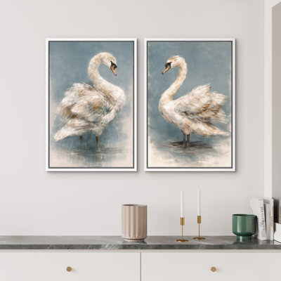 Élégant duo de cygnes avec fond bleu doux, reproduction d'art sur toile encadrée pour chambre principale, 2 pièces