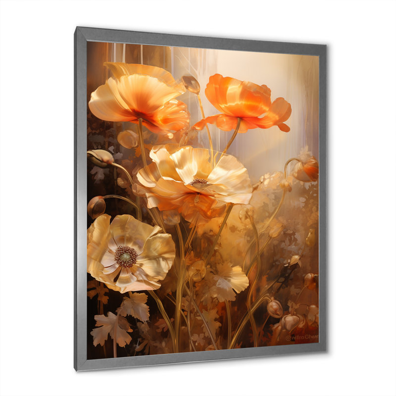 «Poppies Bronze Brilliance», reproduction d'art sur toile, Cadre simple argenté, H 32 po x l 16 po x P 1 po