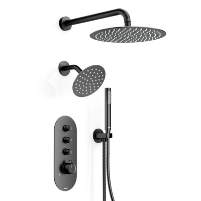 Angelsey Thermostatic Shower System with Push-Button Valve, Dual Shower Head and Hand Shower