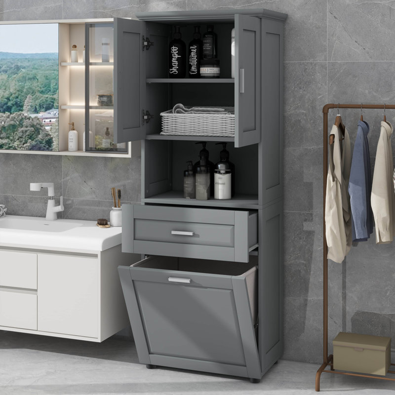High Bathroom Cabinet With Laundry Hamper Doors And Open Storage Upper Cabinet For Bathroom, Gray
