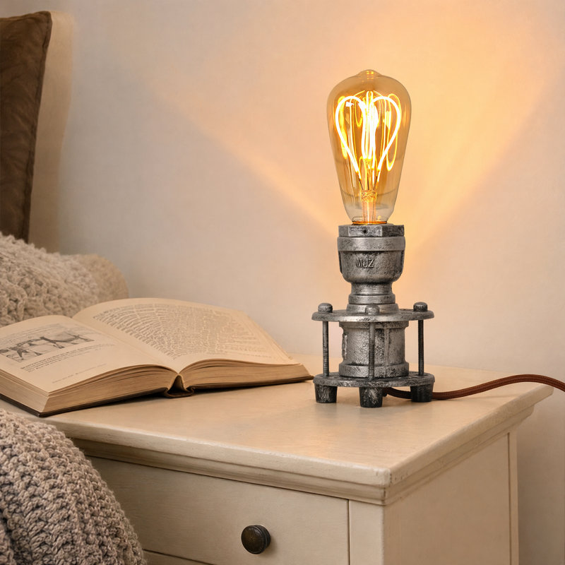 Industrial Steampunk Table Lamp, Vintage Pipe Desk Lamp with E26 Bulb Base, Metal Rustic Bedside Nightstand Light with On/Off Switch for Bedroom, Living Room & Office