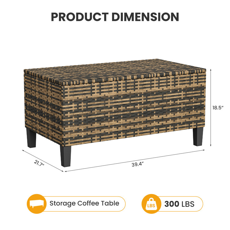 Coffre de rangement extérieur en osier avec plateau relevable, coffre de rangement pour terrasse de piscine résistant aux intempéries
