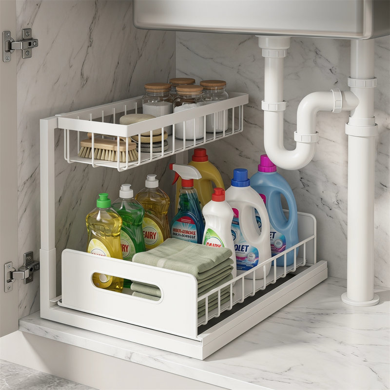 Rangement sous l'évier, tiroir coulissant pour armoire, panier coulissant en métal, support de rangement pour évier de cuisine, blanc