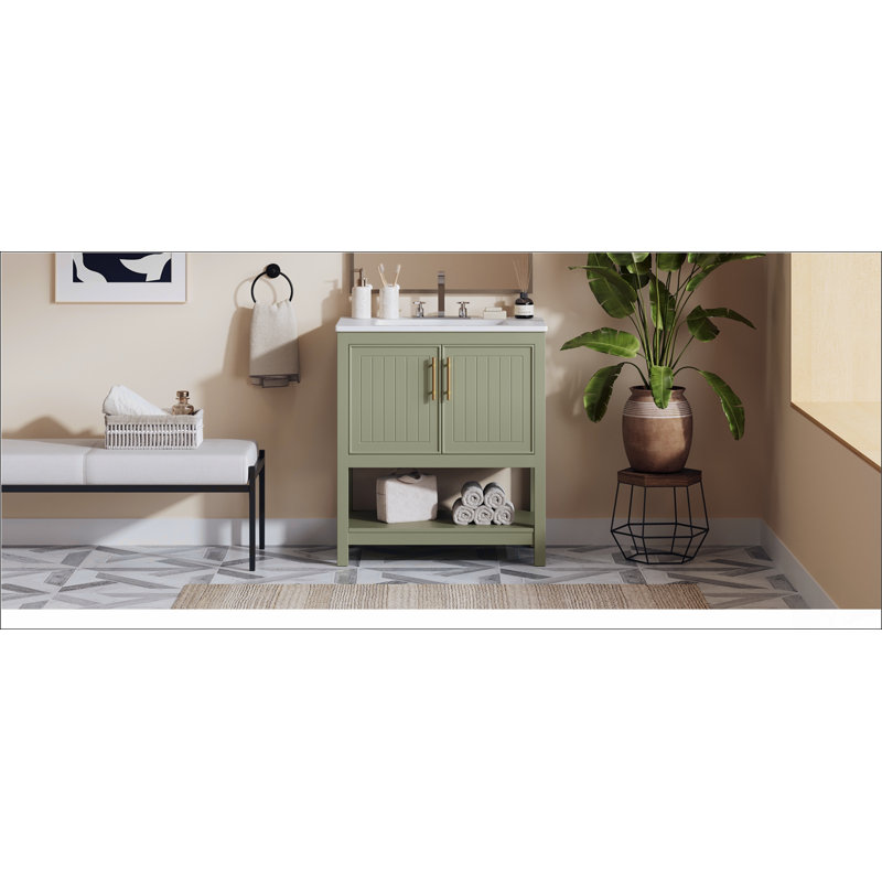 Meuble-lavabo de salle de bain avec lavabo en céramique et rangement polyvalent, Vert