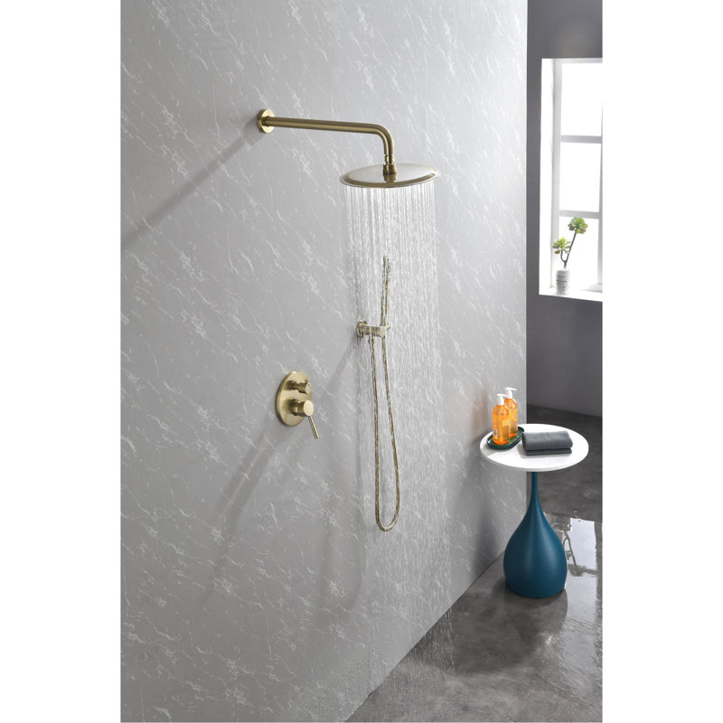 Robinet de douche de salle de bain en or brossé, avec pomme de pluie en acier inoxydable 10 po et robinet à main, or