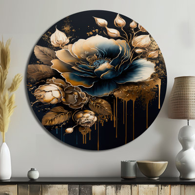 Bleu marine et rose doré II - art floral rond en métal