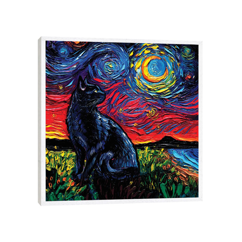 Black Cat Night II by Aja Trier - Painting on Canvas, 45.72 cm H x 45.72 cm W, White Framed Canvas
