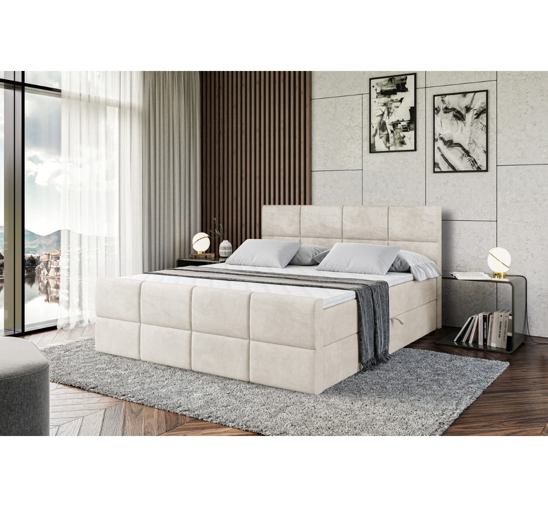 Boxspringbett Arevalo mit H3 Bonell-Federkernmatratze, Topper und Bettkasten