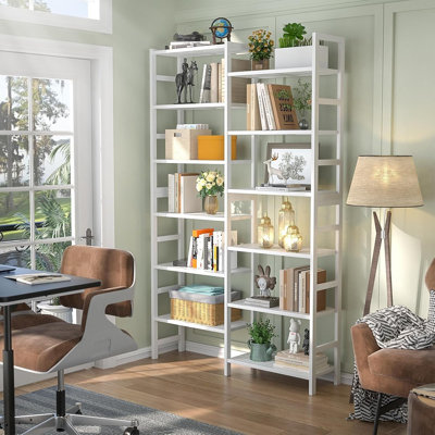 Bibliothèque blanche à double largeur en bambou, bibliothèque autoportante à 6 niveaux avec 12 tablettes ouvertes, hauteur de 6 pieds pour la maison, le bureau ou la chambre à coucher