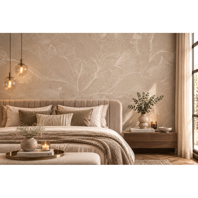 Papier peint neutre avec feuille de ginkgo beige et art botanique élégant, l 90 x L 60, Non tissé
