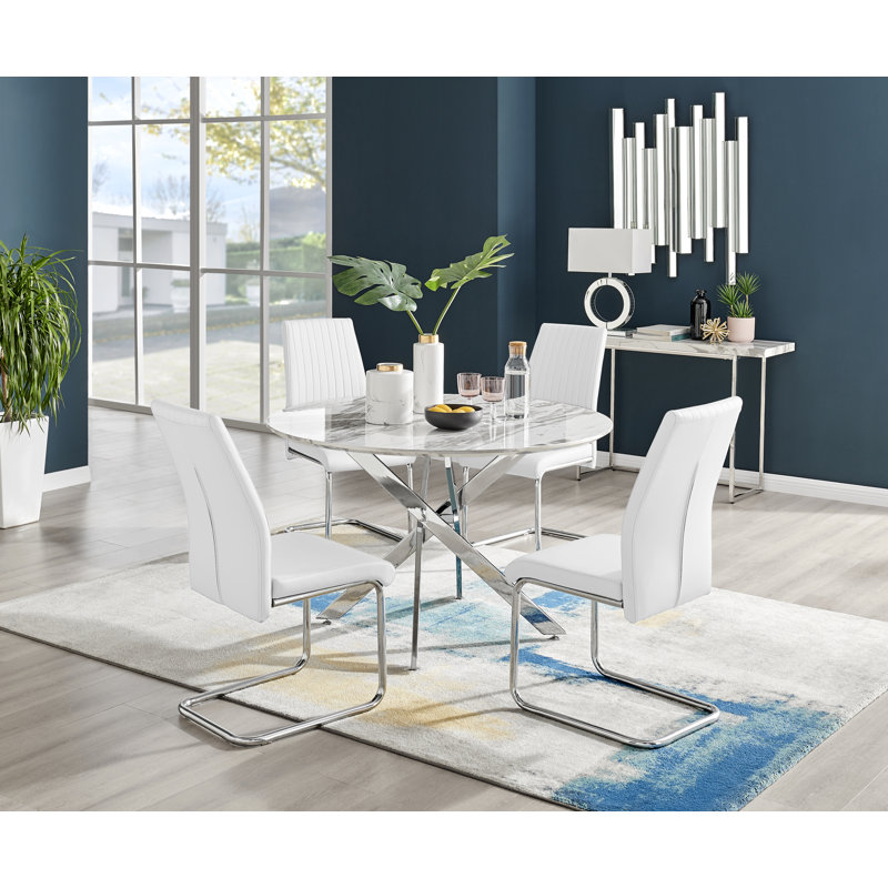 Tierra Modern Chrome Metal & Veneer Round Dining Table Set with 4 Upholstered Faux Leather Chairs, 75cm H x 120cm W x 120cm L