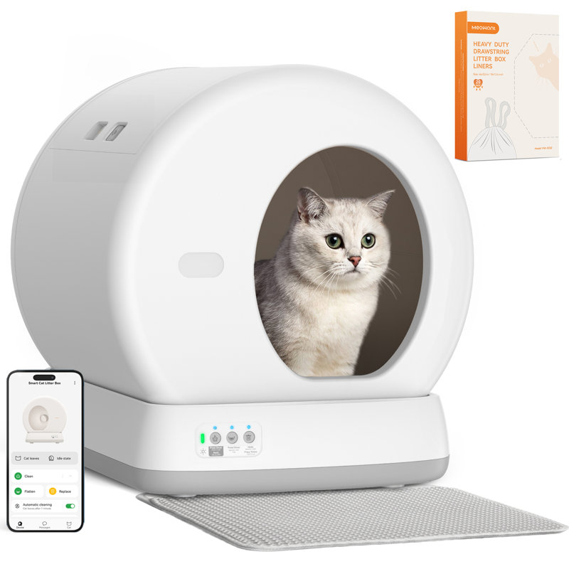 Upgraded Smart Automatic Cat Litter Box with Mat & Liner for Multi Cats, Advanced Safety System/Self Cleaning/Odor Control/APP Control