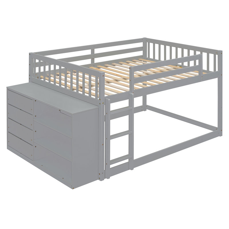 Lit superposé double avec 4 tiroirs et 3 tablettes - gris, Full