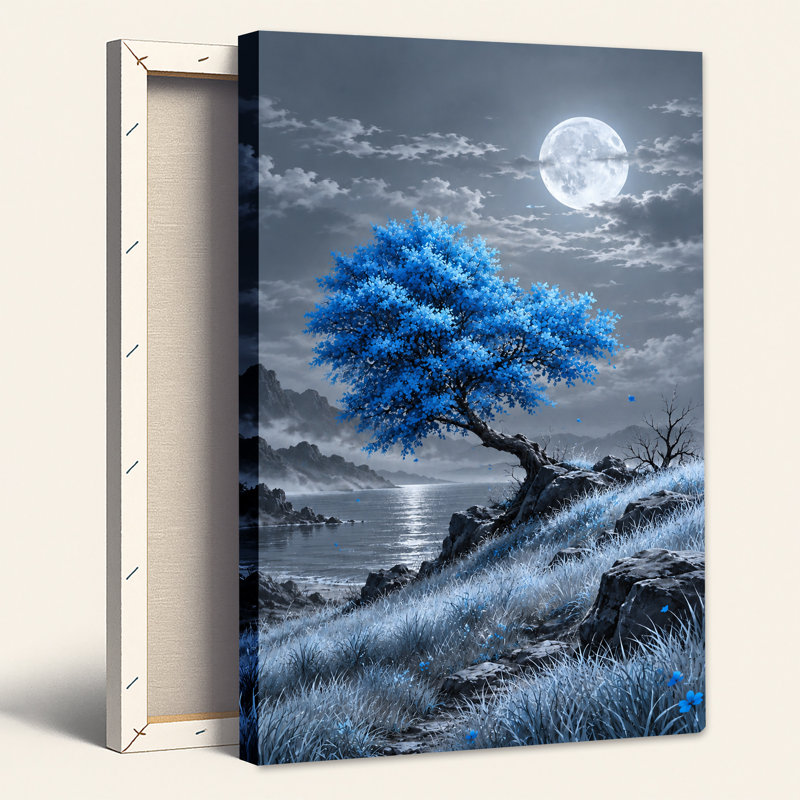 «Blue Tree On Rocky Shoreline Under Full Moon», art mural sur toile, H 30 po x l 20 po