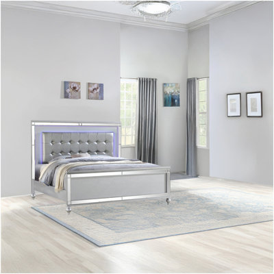 Sterling Queen Size Upholstered LED Bed Made With Wood In Silver Color