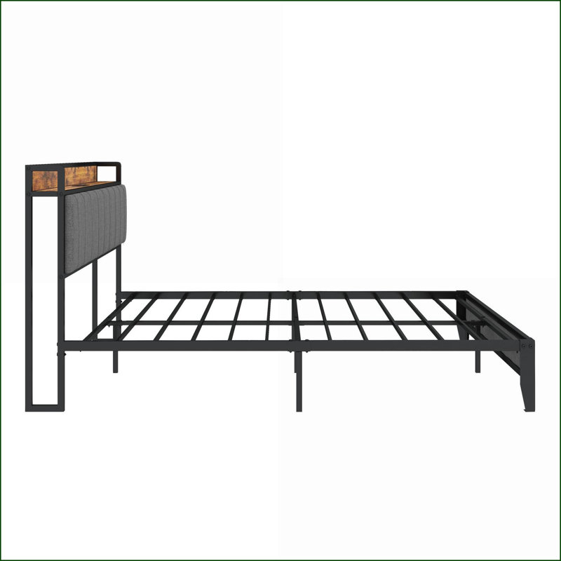 Metal Platform Bed Frame with Charging Headboard, No Box Spring Needed, for Bedroom, Gris clair, Lit double