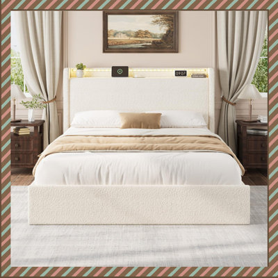 Bed Frame with Storage Headboard, Charging Station & LED Lights – Bed with 4 Drawers, No Box Spring Needed, Noise-Free Design by Wrought Studio