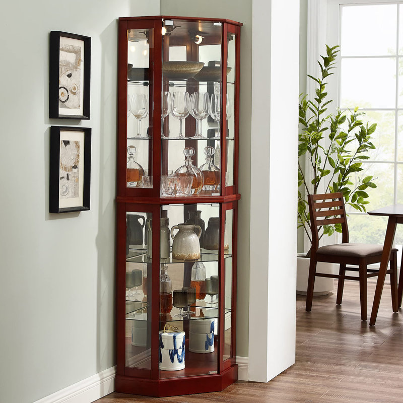 6 Shelf Corner Curio Display Cabinet with Lights, Mirrors And Adjustable Shelves, Cherry