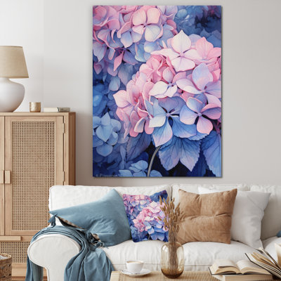Fleurs d'hortensia roses et bleues sur toile